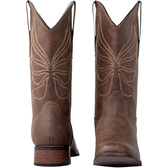 Women's Brown Calf-High Fashion Square Toe Faux Leather Western Cowgirl Boots - Picture 2 of 9